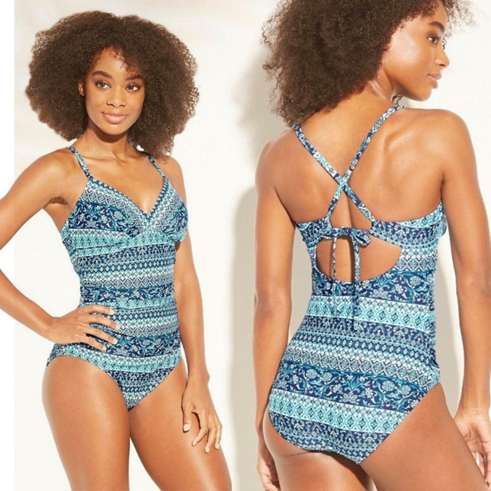 Kona Sol Coastal Blue Print Shirred Criss-Cross Back-tie Onepiece Swimsuit